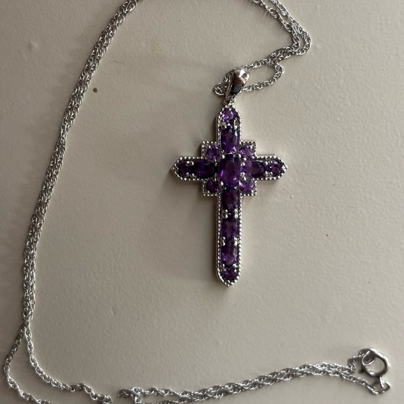 Sterling Silver Amethyst Cross Pendant Necklace - Picture 5 of 5